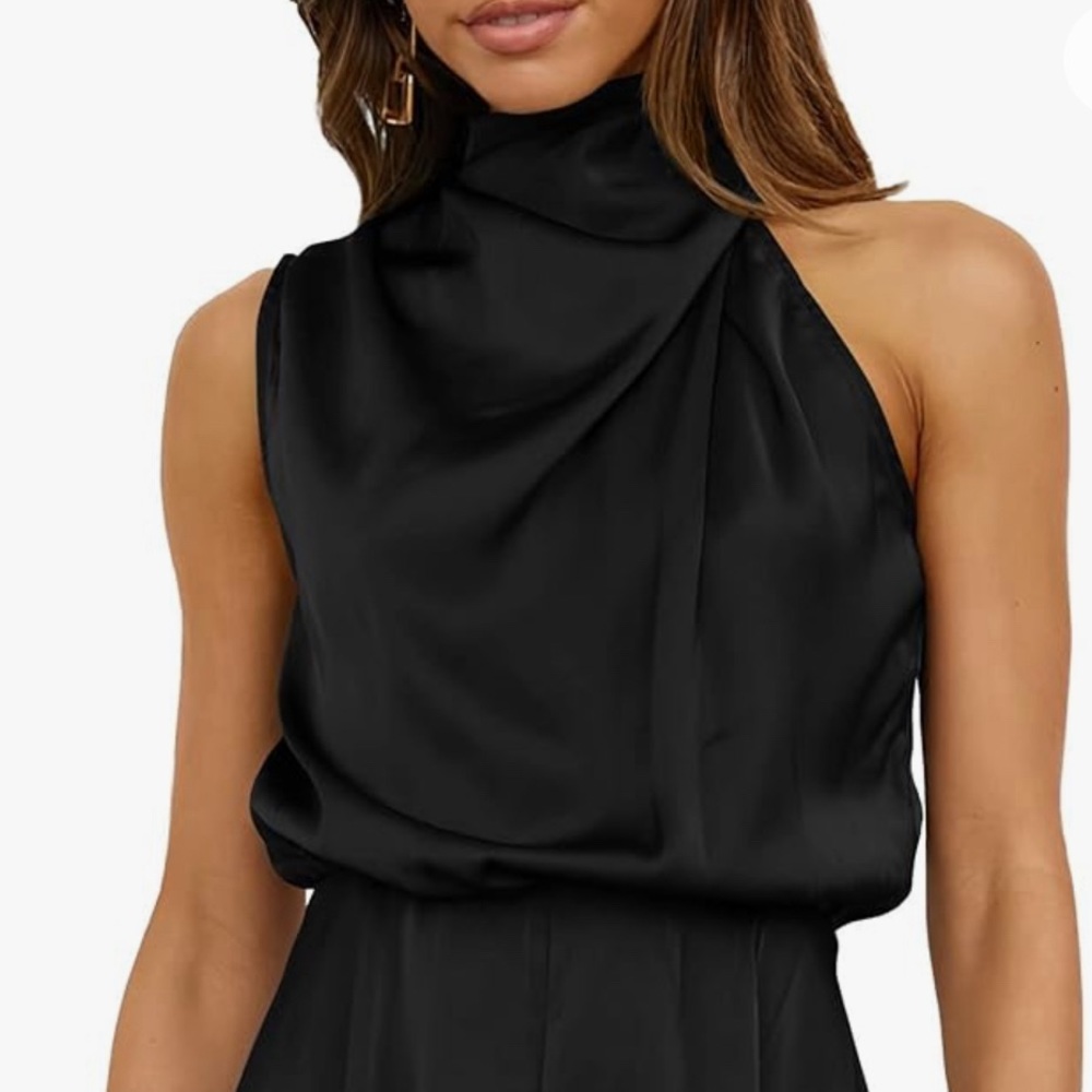 Mock Neck Romper Satin Sleeveless Elastic Waist One Piece Short Jumpsuit Romper